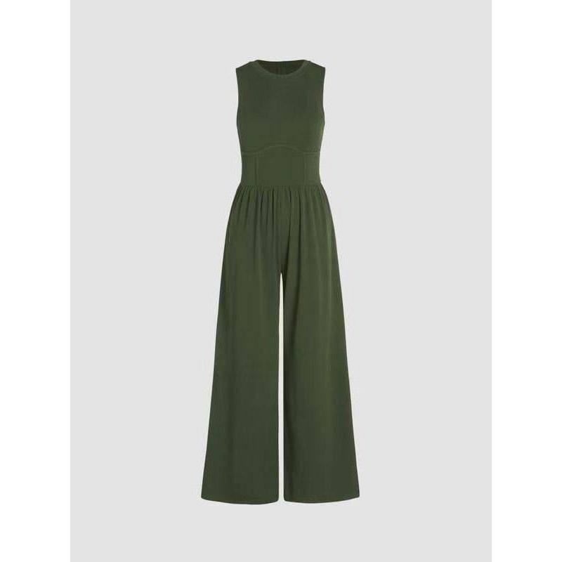 European and American Spring and Autumn Solid Vest High Waist Slim Fit Jumpsuit Round Neck Wide Leg Straight Trousers Women Clothes