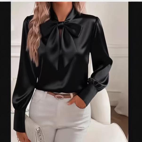 2025 Autumn Women's Long Sleeve Bow Satin Blouse