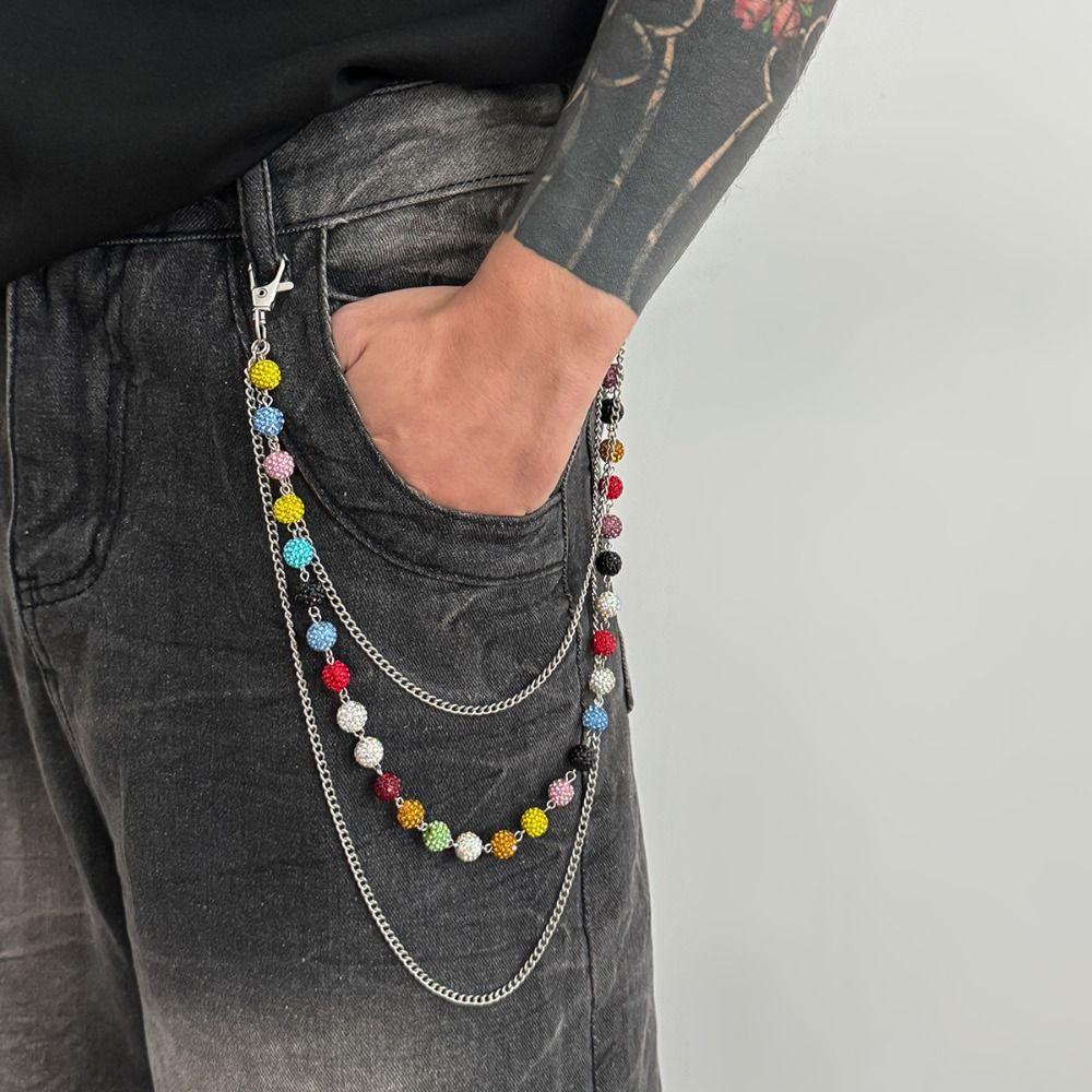 Jeans Chain Colorful Rhinestone Bead Waist Chain Zinc Zinc Zinc Alloy Pants Chain Punk Belt Chain Male