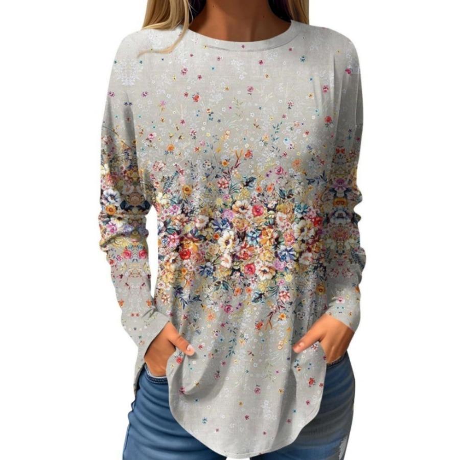 Långärmade 3D-printade T-shirts Blomma Rundhalsad Topp för Damkläder