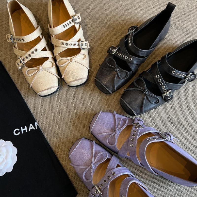 Women's Retro Genuine Leather Shoes 2025 New Shallow Ballet Shoes Women's Cross Button Square Head Flat Mary Jane Shoes