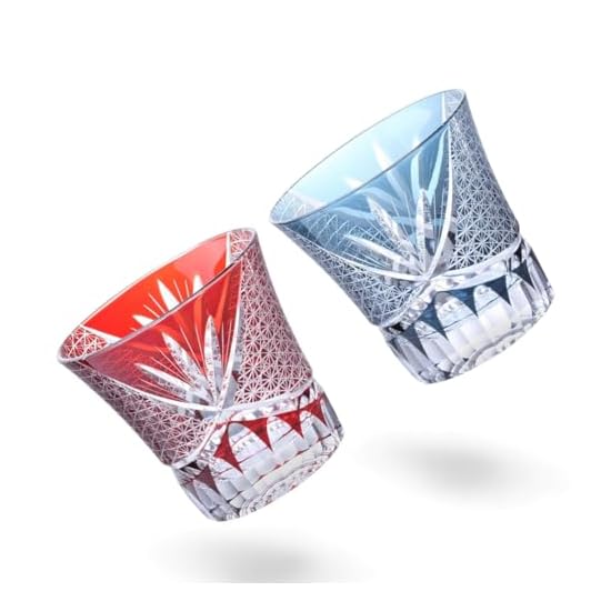 Takumibifu Dinner Luxe Kiriko Pair Glass Cup 90xH85mm 240cc Orchid Carved Komon Red & Ink Blue Koga