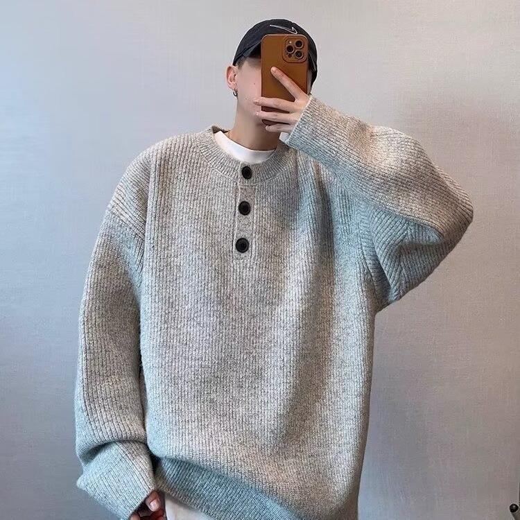 

Men s Winter 2025 Henley Collar Slub Yarn Knit Pullover Sweater - Loose Fit with Soft Arctic Fleece XL сірий колір