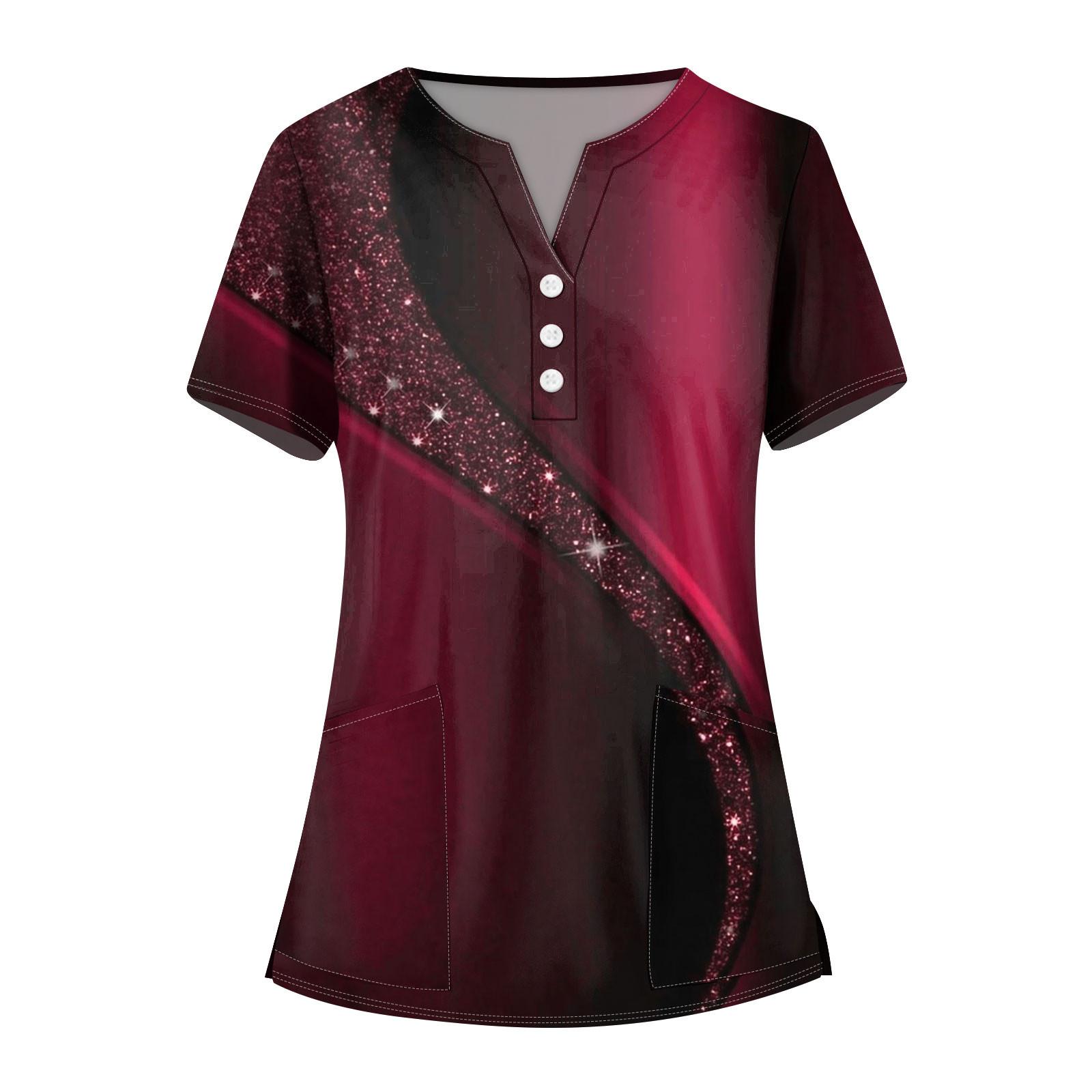 

Женская мода V-образный вырез короткий рукав комбинезон с карманами пуговицы принт блузка одежда XL винный