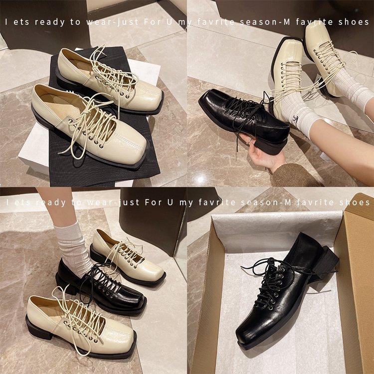 Lace-up Small Leather Shoes Women's British College Style Square Head Single Shoes Niche Design Retro Pig Nose Thick Heel Ballet Single Shoes