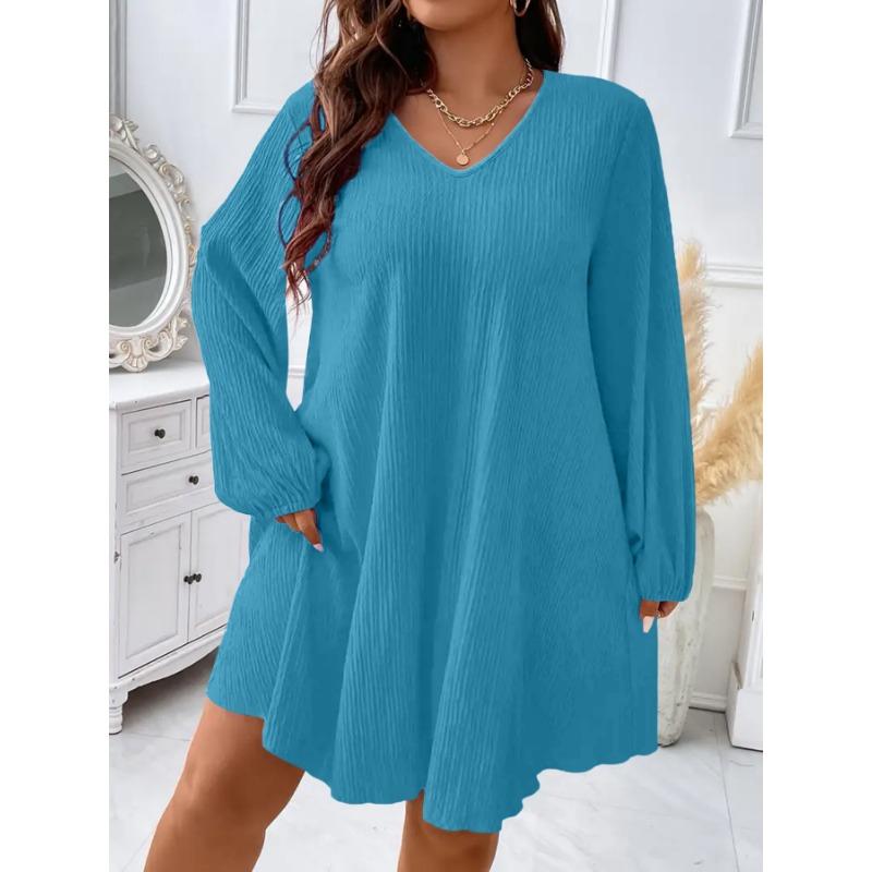 Women Fashion V Neck Long Sleeve Loose Plus Size Midi Dress