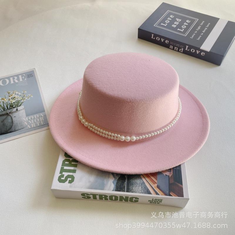 Pearl Chain Flat Top Top Hat Women's Autumn and Winter Warm Woolen Felt Hat Celebrity Retro British Small Fragrant Shopping Fashion Hat