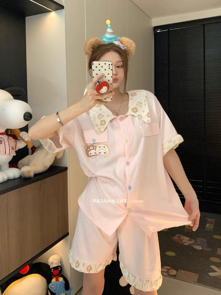 

Japanese new doll collar easy bear pajamas women s summer short-sleeved shorts cardigan two-piece set student loungewear XXL