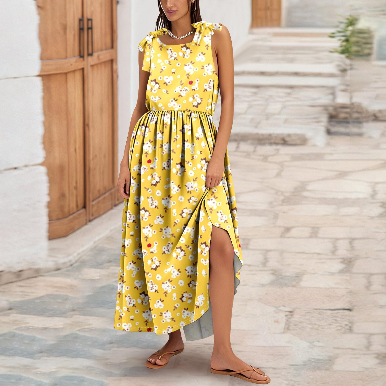 

Женское летнее модное платье-майка А-силуэта без рукавов повседневное платье с цветочным принтом/однотонными карманами XL жёлтый