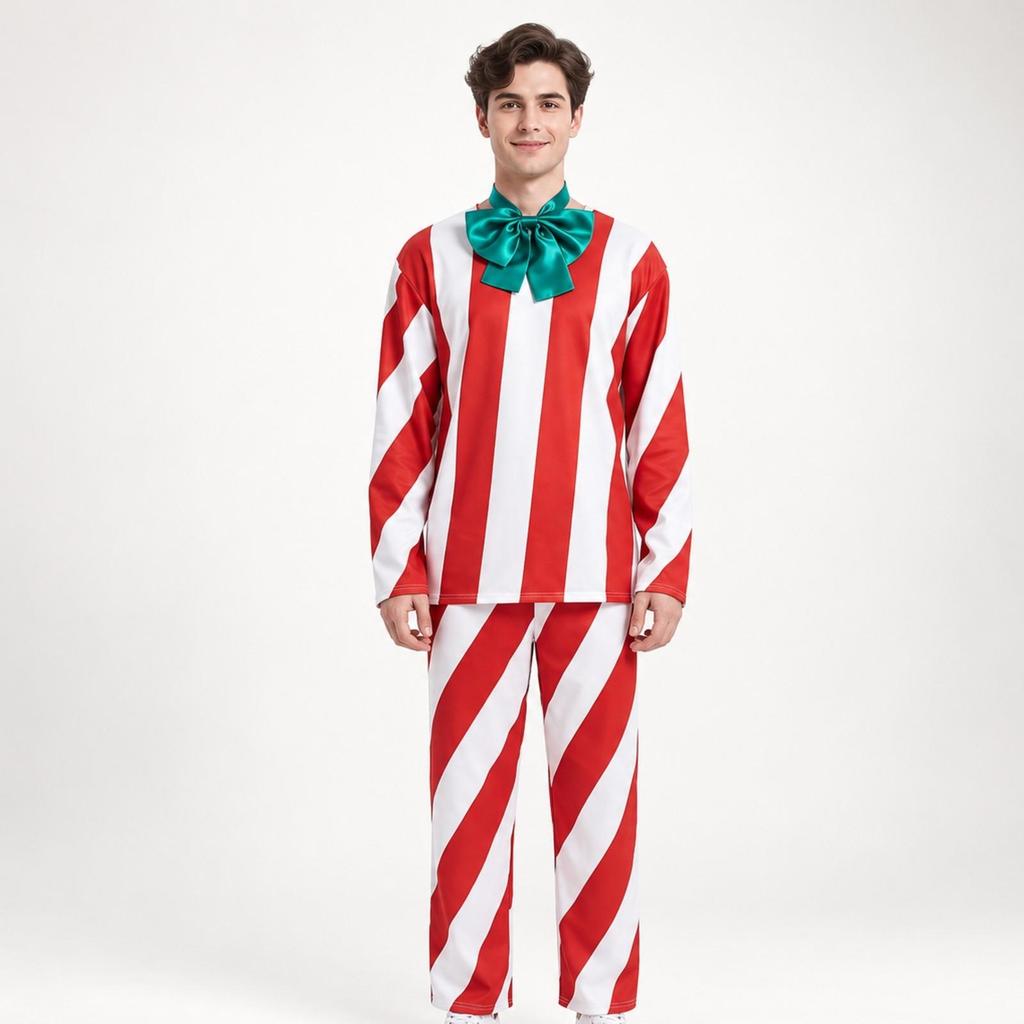 Christmas-Themed Adult Costume Two-Piece Striped Holiday Long-Sleeved