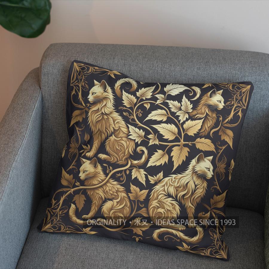 2D Golden Cats With Vine And Flowers Pillow Cover Pattern Cushion Cover Suitable For Sofa Bedroom Car Pillow Cover