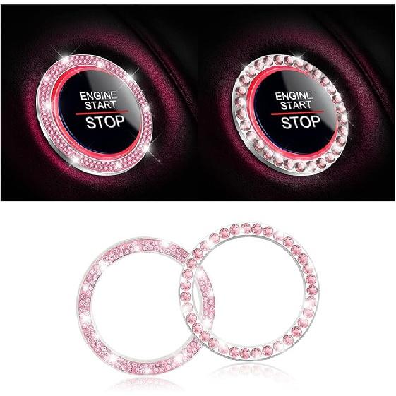 AUKEPO Car Shiny Crystal Rhinestone Engine Start Ring Decal,2 Pack Car Button Start Button Cover/Sticker,Key Ignition Knob Shiny Ring,Shiny Car