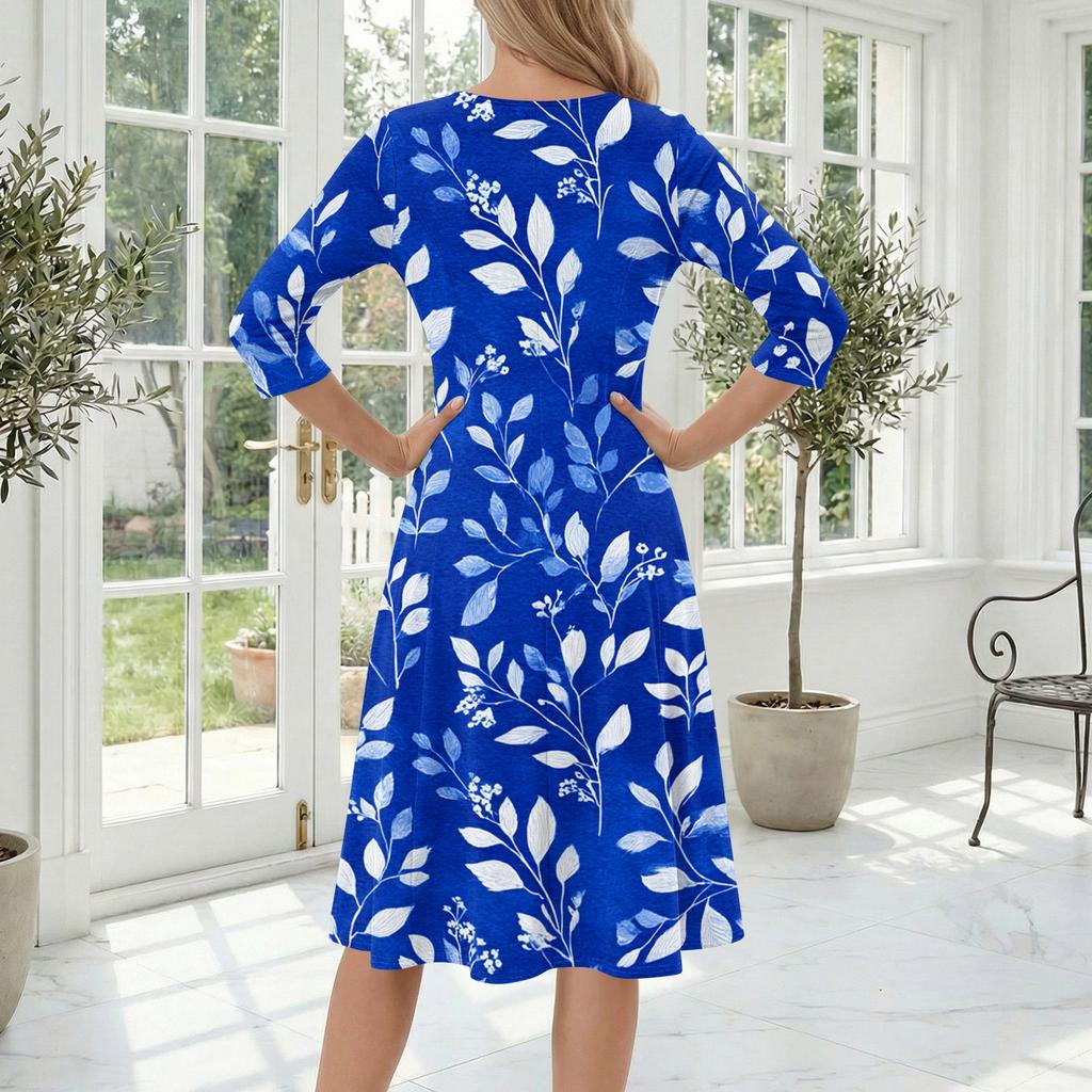 Women’s Casual Floral Print Crew Neck Three Quarter Sleeve Midi Dress Loose Fit Soft Fabric Mid Length Design