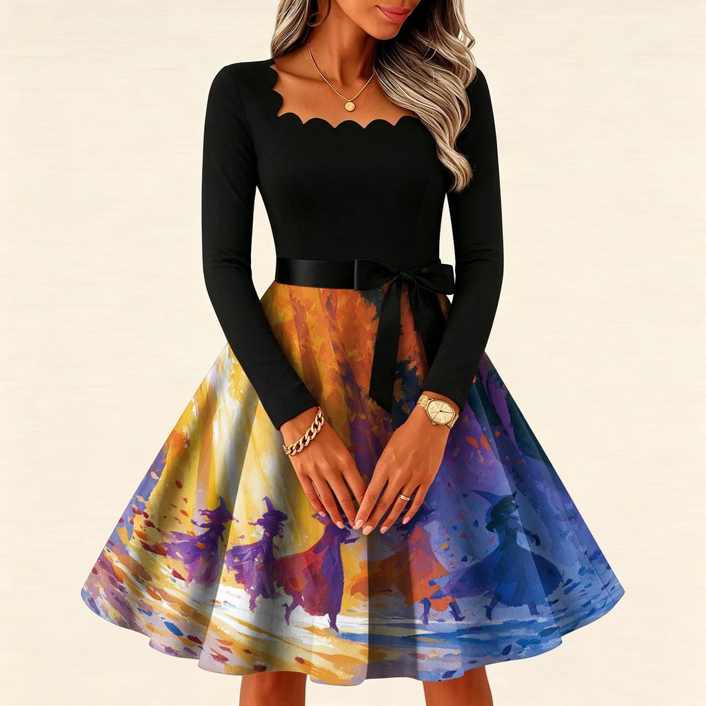 Women's Vintage Long Sleeve Square Neck Halloween Printed Party Dress for Evening Wear