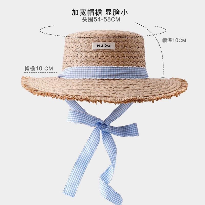 Flat top strap straw hat women's summer sunshade sun protection straw hat big brim beach hat seaside vacation