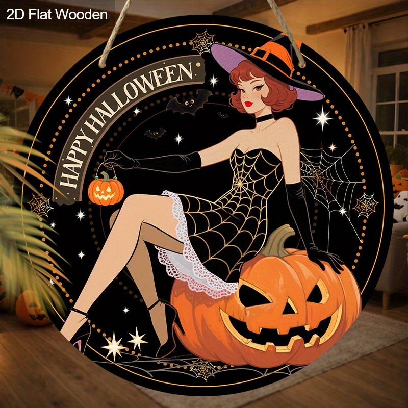 Wooden Happy Halloween Sign with Witch & Pumpkin Pattern - Unique Figurine Ornaments - Ideal for Front Door, Yard, Porch, Room Decor