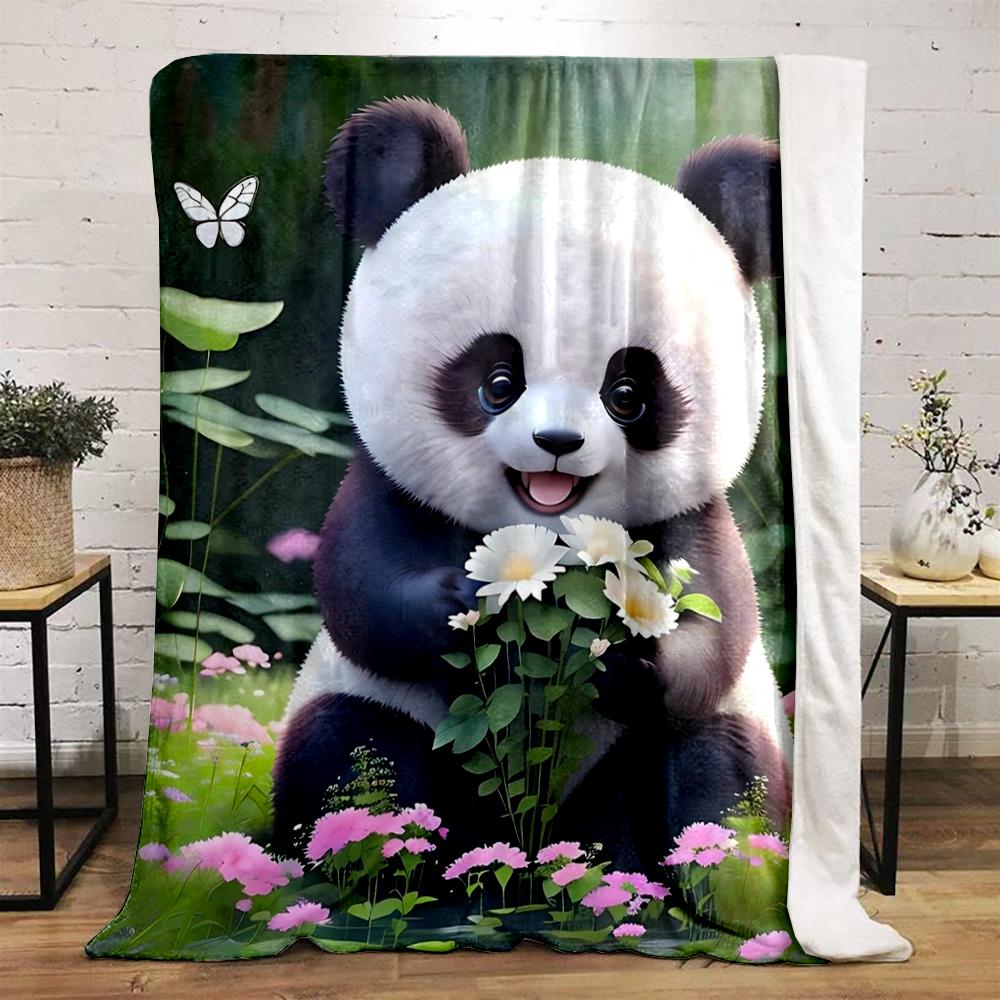 Cute Panda Holding Flowers In Meadow - Flannel Blanket for Bedroom, Living Room, Sofa, and Nap Sofas.