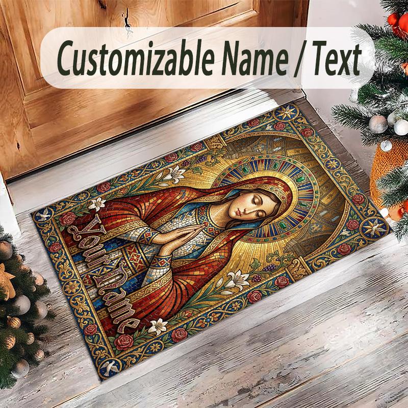 Virgin Mary Theme Crystal Velvet Rug Personalized Custom Name Text Soft Floor Mat Home Decor