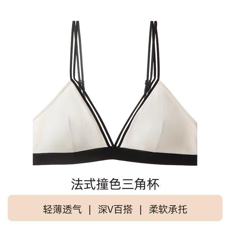 French contrasting color deep V triangle cup underwear women's thin back small chest gathering seamless sexy bra set