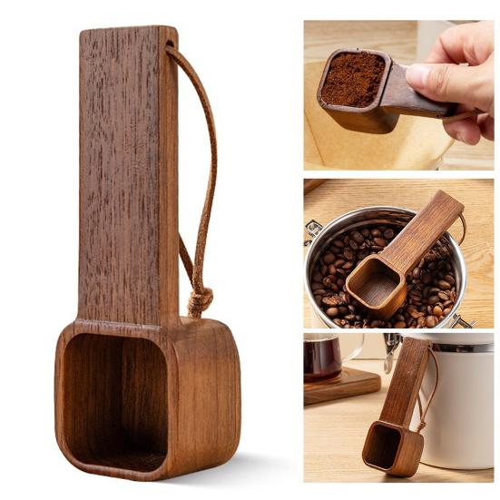 Wooden Coffee Spoons Walnut Wood Hanging Rope Coffee Measuring Scoop Ground Beans Square Tea Sugar Spoon for Home Office