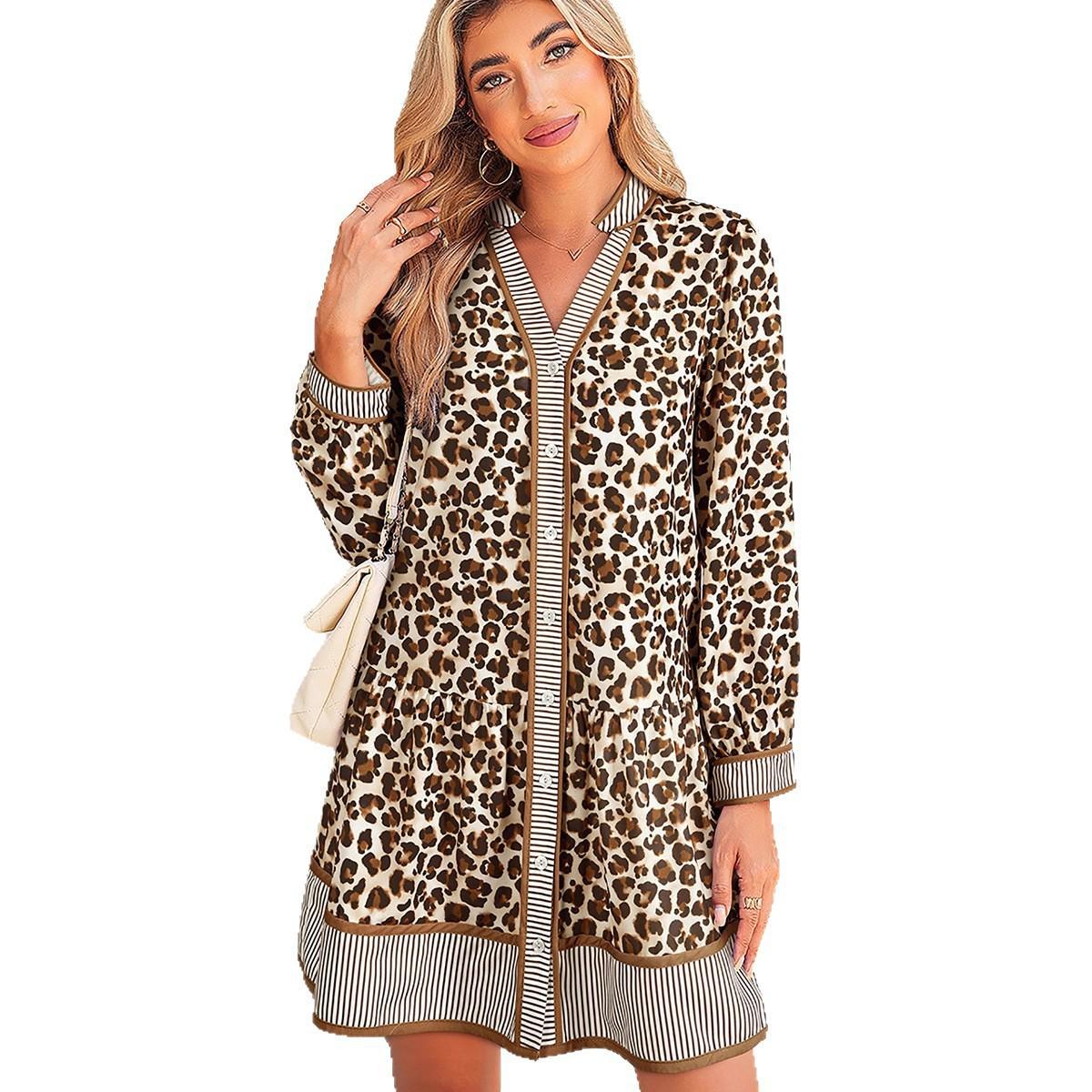 2025 Winter Women s V-Neck Leopard & Floral Print Single-Breasted Shirt Dress - Euro-American Fashion Trend. Medium