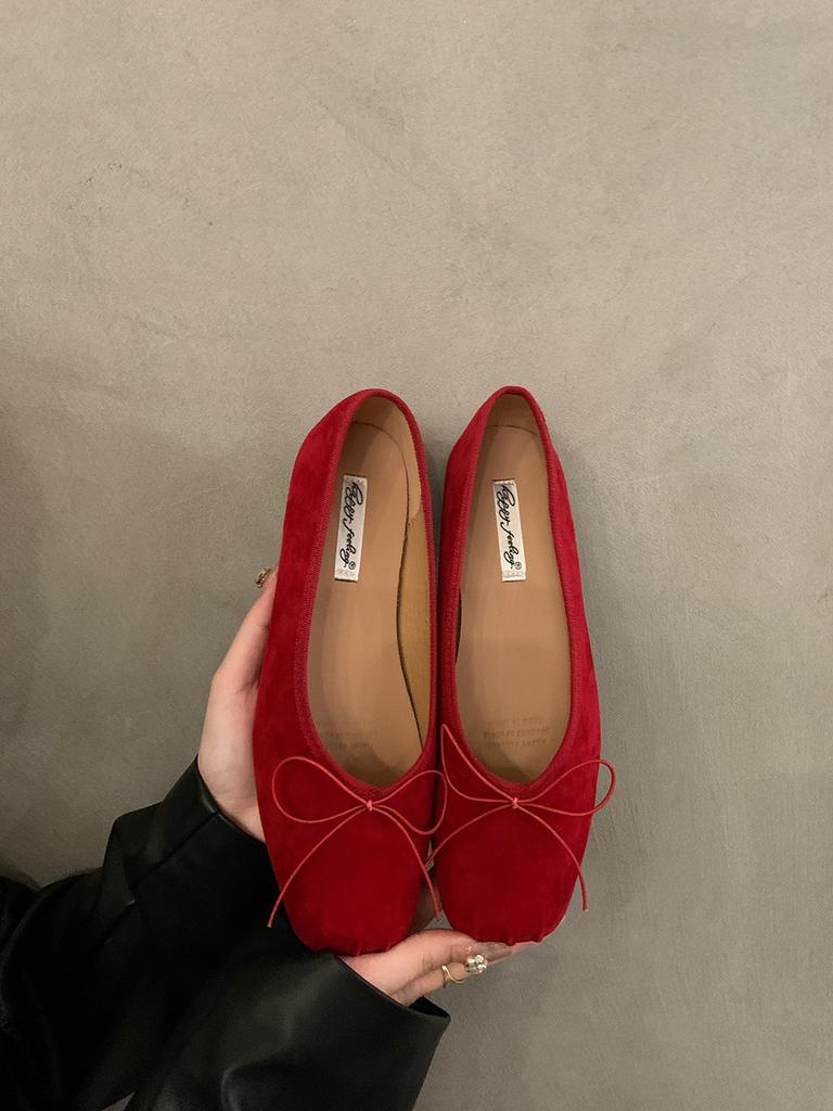 Happy Feelings Flat Bottom Shallow Mouth Ballet Silver Single Shoes Women's Shoes 2025 Bow Red Boat Shoes