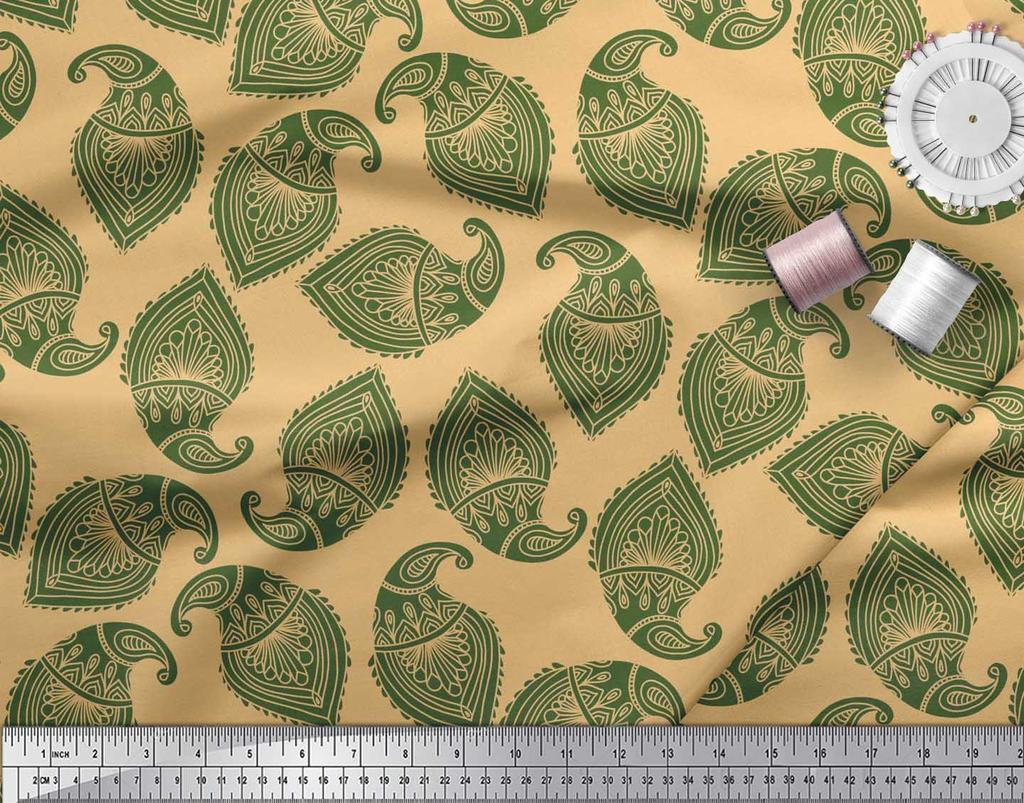 Soimoi Blue Japan Crepe Satin Fabric Green Paisley Printed Craft Fabric by the metre 42 Inch
