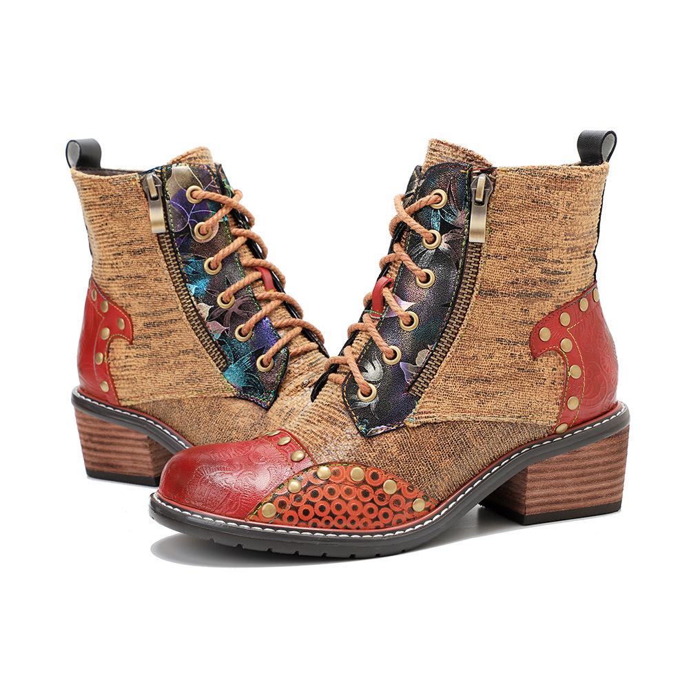 Johnature Echtes Leder Schuhe Damen Stiefel Runde Zehen Retro Handgemacht Reißverschluss Freizeit Nähen Prägnante Knöchel Plateaustiefel