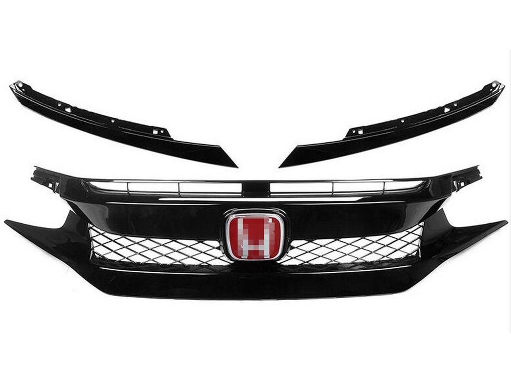 Glossy Black TR Grille & Body Kit for 2016 Civic Type R: Includes Rear Wing, Front Splitter, and Side Skirts.