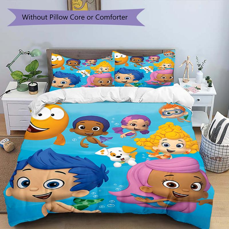 3pcs Bubble Guppies Design Cover Set - HD Printed Bedding with 1 Cover and 2 Pillowcases - Perfect for Home and Dorm Decor