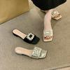 French thick heel silver temperament square buckle rhinestone one-word cool slippers women's shoes wear 2025 summer vacation sandals