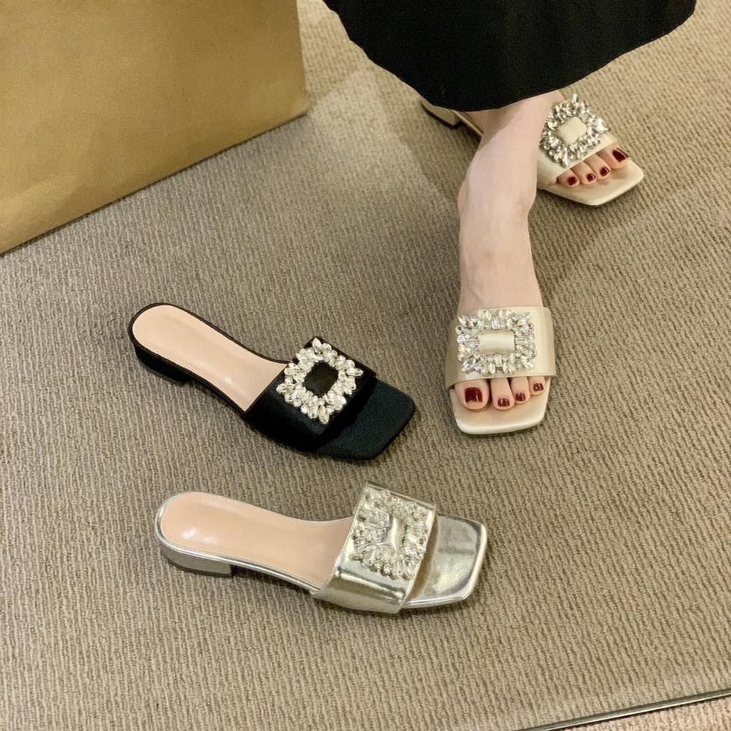 French thick heel silver temperament square buckle rhinestone one-word cool slippers women's shoes wear 2025 summer vacation sandals