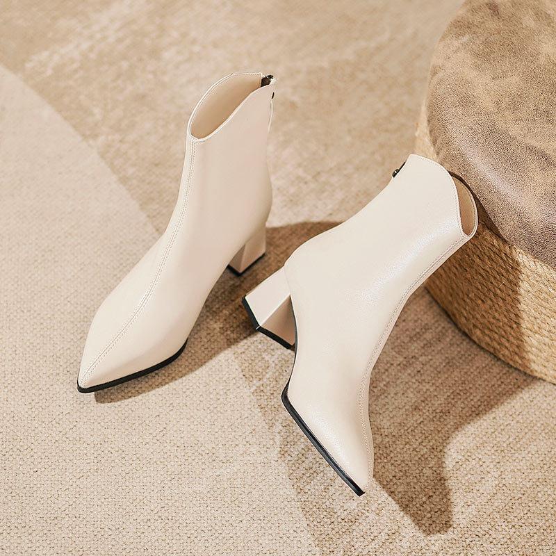 Coarse Heel Pointed Short Boots Women's Autumn and Winter Single Boots 2025 New Medium Boots French Temperament Leather Boots High Heel Thin Boots