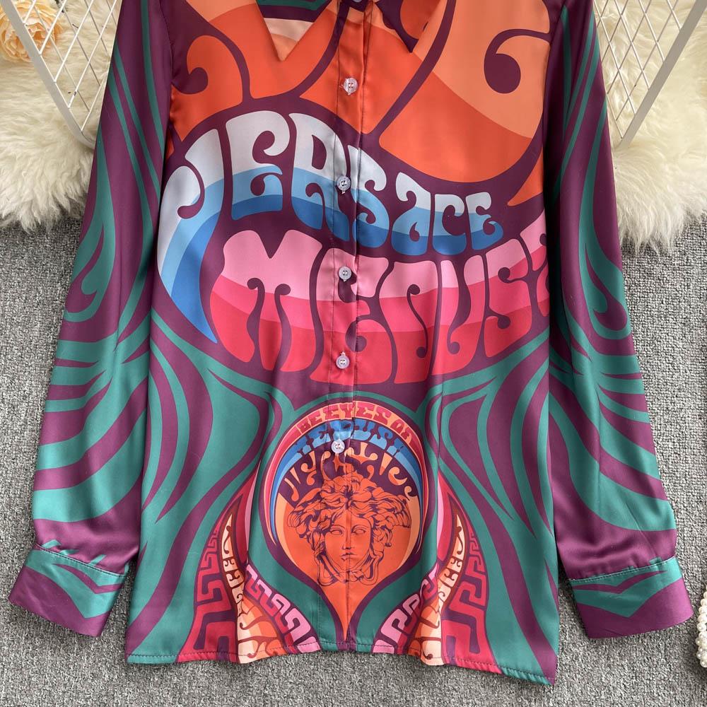 European Station Spring New Fashion Brand Letterhead Print Retro Baroque Style Leisure Vacation Shirt Women's Slim Fit