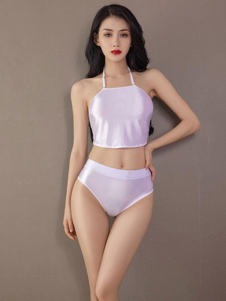 Sexy Women High Waist G-String Elastic Underwear Oil Glossy Shiny Sexy Brief Smooth Satin T-Back Push Up Hip Thong Candy Color