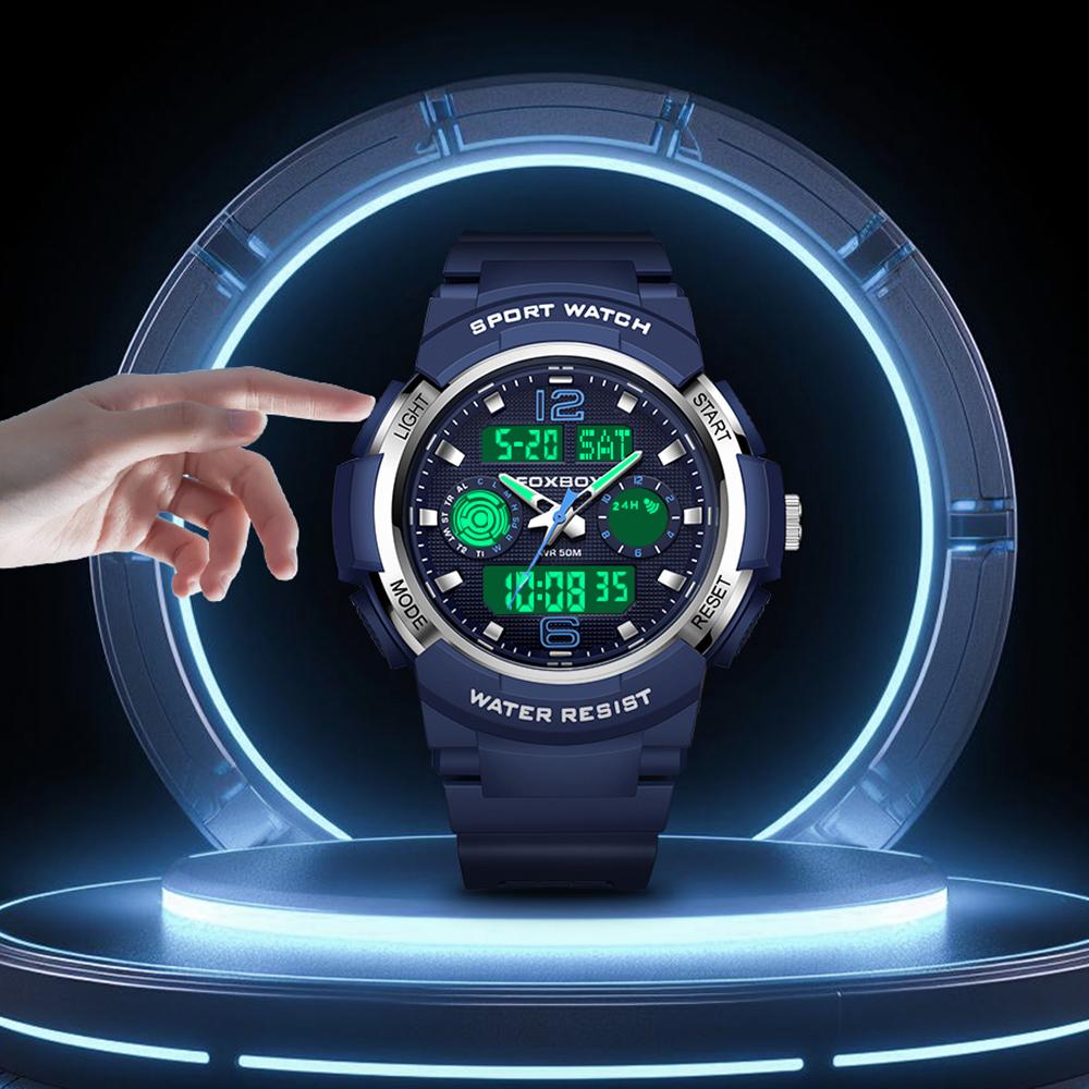 FOXBOX Mode Herrenuhr Sport Casual Leuchtende wasserdichte Dual-Display-Digitaluhr für Herren