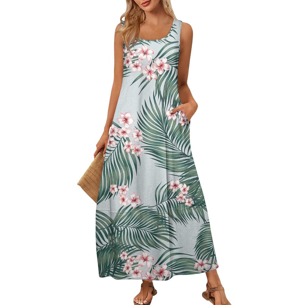 Damen Sommer Mode Rundhals Ärmellos Strandkleid Kleider mit Blumendruck