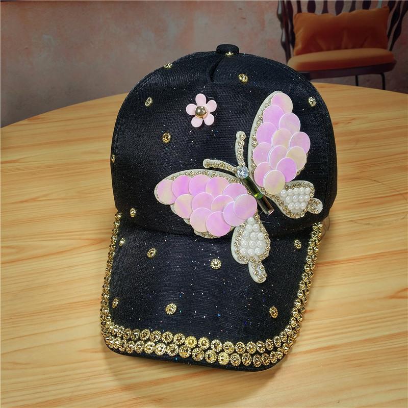Fashion trendy versatile hat women's butterfly rhinestone belt diamond cap women's fashionable sunscreen baseball cap