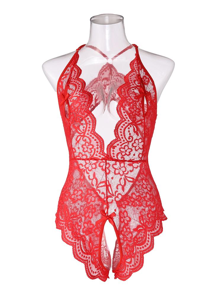 Sexy Crotchless Blue Lingerie Women Lace Hollow Bodysuit Erotic Pajamas Teddy Babydoll Dress Deep V Open Bra Porn Underwear Set
