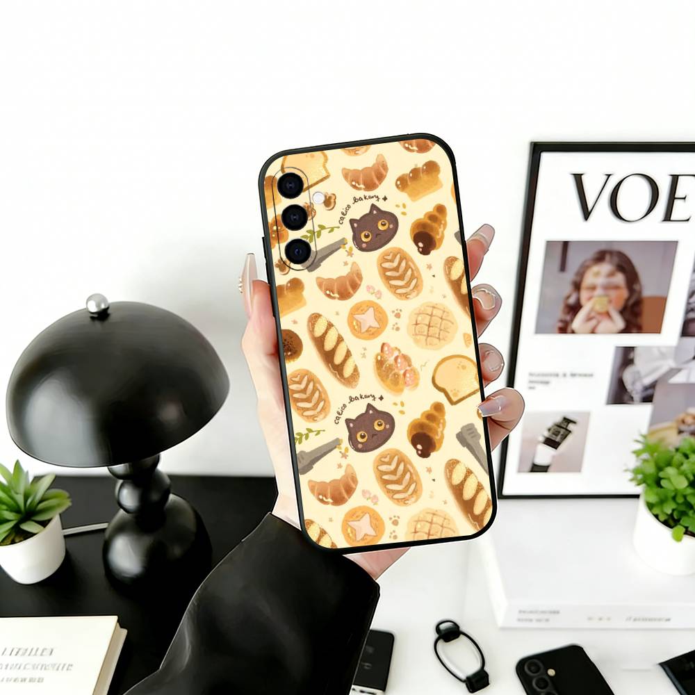 Cute Bread Illustration Phone Case Black Silicone Soft For Samsung Galaxy A73,A72,A71,A70,A53,A52,A51