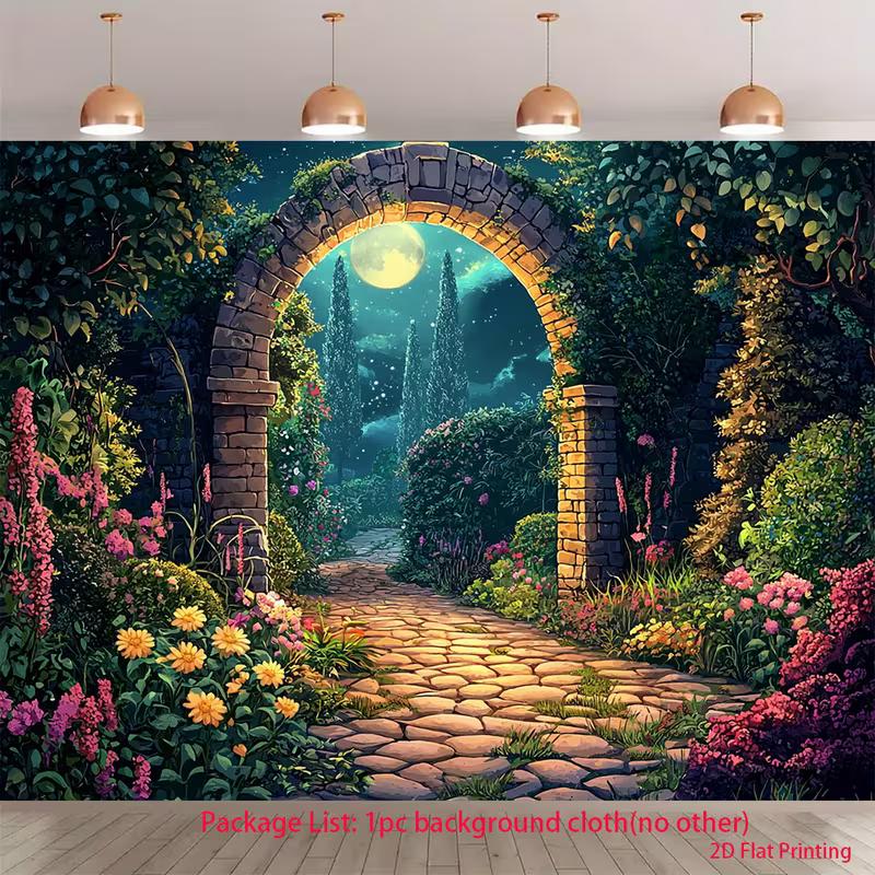 2D Fairy Tale Garden Tapestry - Magical Arch & Moonlight Forest Wall Art 47.2x31.5inch/120*80cm