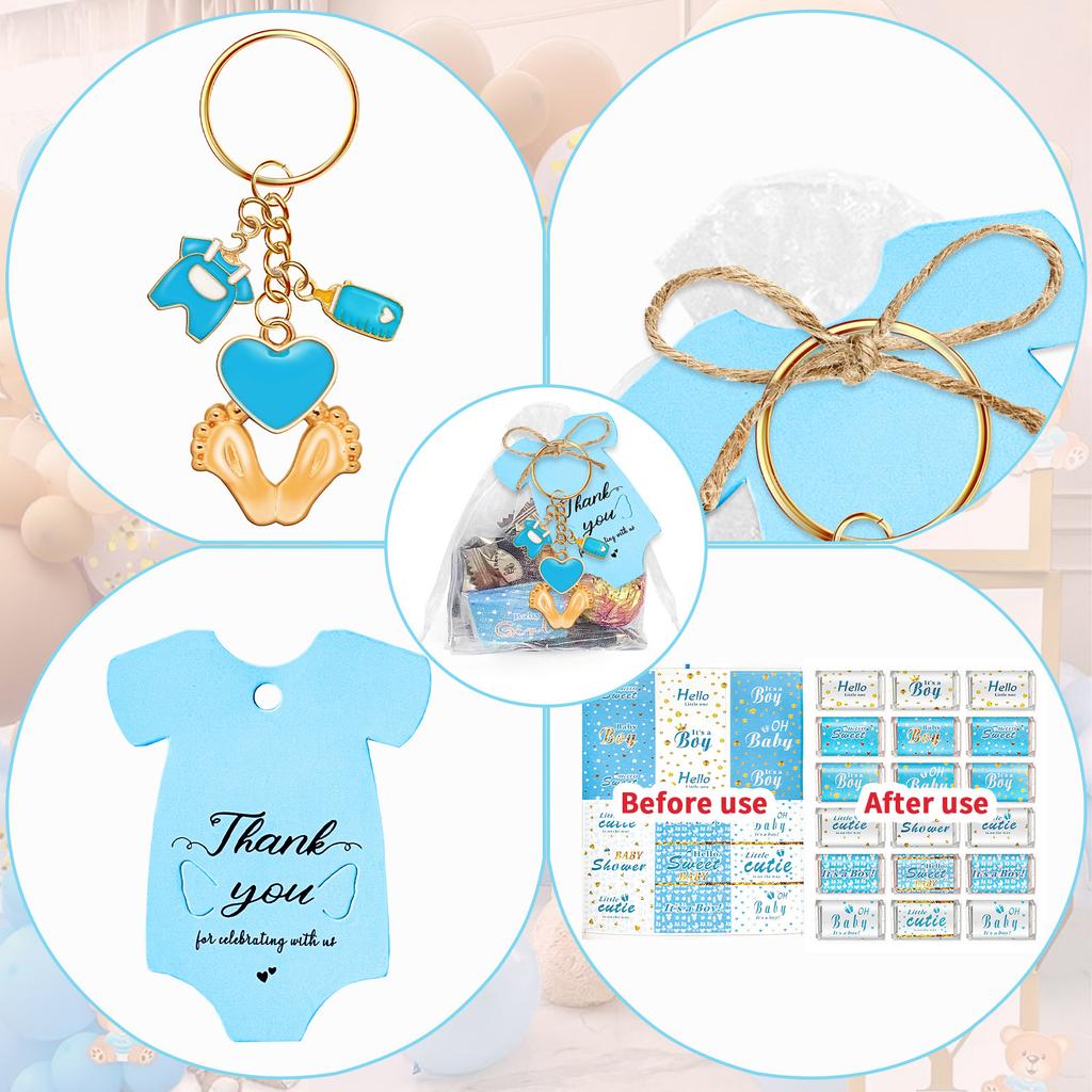 6/20Pcs Baby Foot Keychains Metal Keychain Set with Wrapping Sticker Drawstring Bag and Thank You Label For Baby Showers