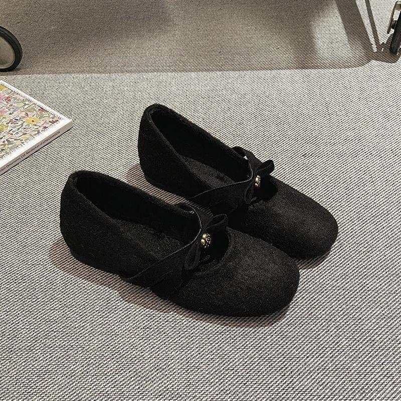 Autumn And Winter Retro Velvet Soft Soled Women s Shoes With Bow Tie Single Shoes 35 чёрный