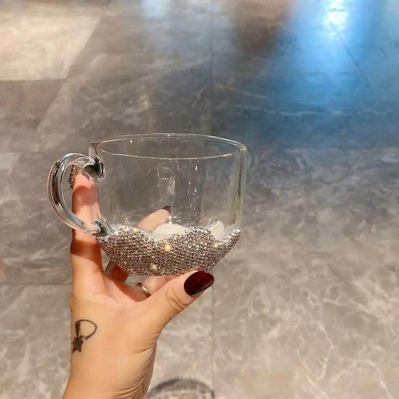 

Sparkling Rhinestone Transparent Double-layer Glass Cup Large Capacity Breakfast Oat Bowl Fruit Salad Big Belly Cup Office Mug 301-400ml белый