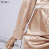 ZANZEA Women Elegant Stand Collar Casual Long Sleeve Satin Long Dress