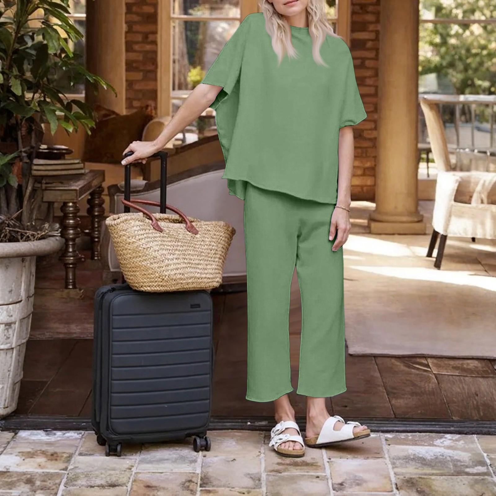 

Жіночий Вільний Зручний Модний І Повсякденний Пуловер з Коротким Рукавом Штани з Широкими Штанинами Комплект з Двох Предметів L зелений