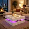 LED-Couchtisch mit Stauraum, 2-stufiger moderner Mitteltisch mit offenem Fach und Fernbedienung für das Wohnzimmer, Hochglanz Weiß
