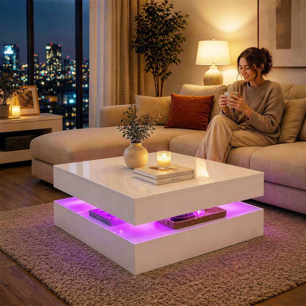 LED-Couchtisch mit Stauraum, 2-stufiger moderner Mitteltisch mit offenem Fach und Fernbedienung für das Wohnzimmer, Hochglanz Weiß