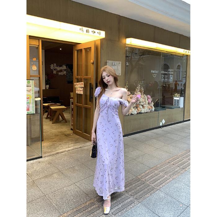 

French floral short-sleeved dress women s summer new temperament waist and thin bubble sleeves coffee break long skirt S фиолетовый