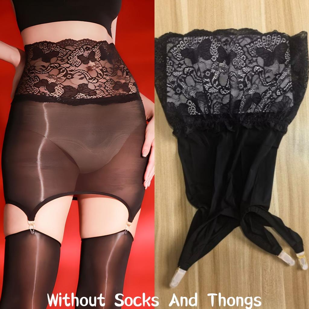 2 In 1 Lace Transparent Mini Skirt With Socks Clips Oil Shiny Hip Wrap Garter Belt Dress Sexy Lingerie Clubwear For Stockings